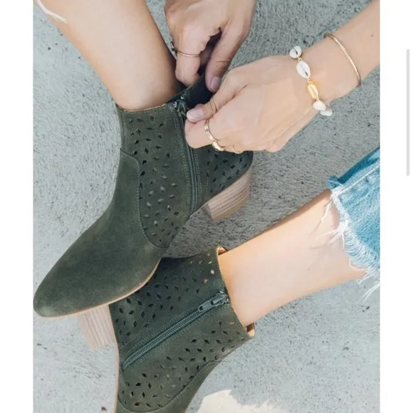 - NWOB Soludos Olive Green Lola Perforated Suede Block Heel Bootie Anthropologie