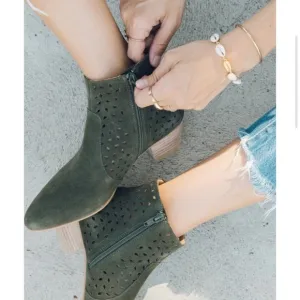 - NWOB Soludos Olive Green Lola Perforated Suede Block Heel Bootie Anthropologie