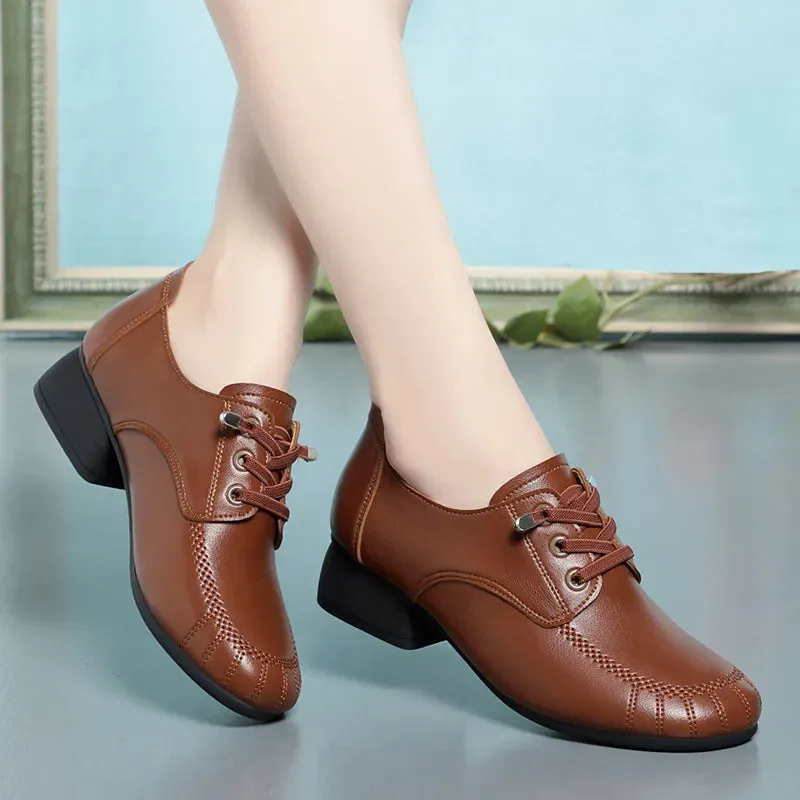 2025 Spring Women's Lace-up Premium Leather Shoes – Retro Casual Comfortable Soft Sole Square Heel