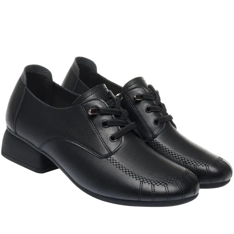 2025 Spring Women's Lace-up Premium Leather Shoes – Retro Casual Comfortable Soft Sole Square Heel