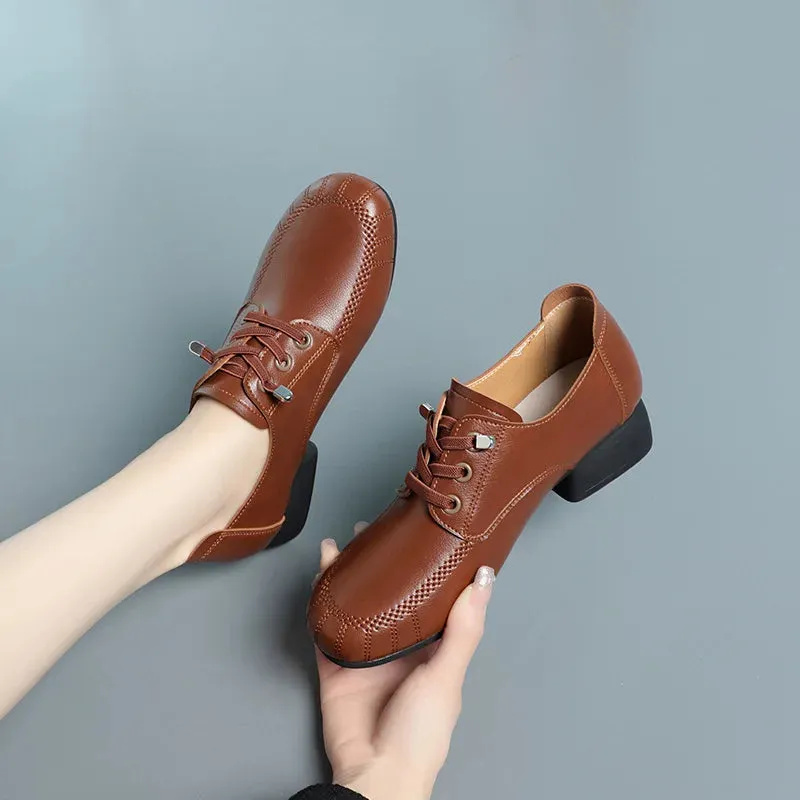 2025 Spring Women's Lace-up Premium Leather Shoes – Retro Casual Comfortable Soft Sole Square Heel