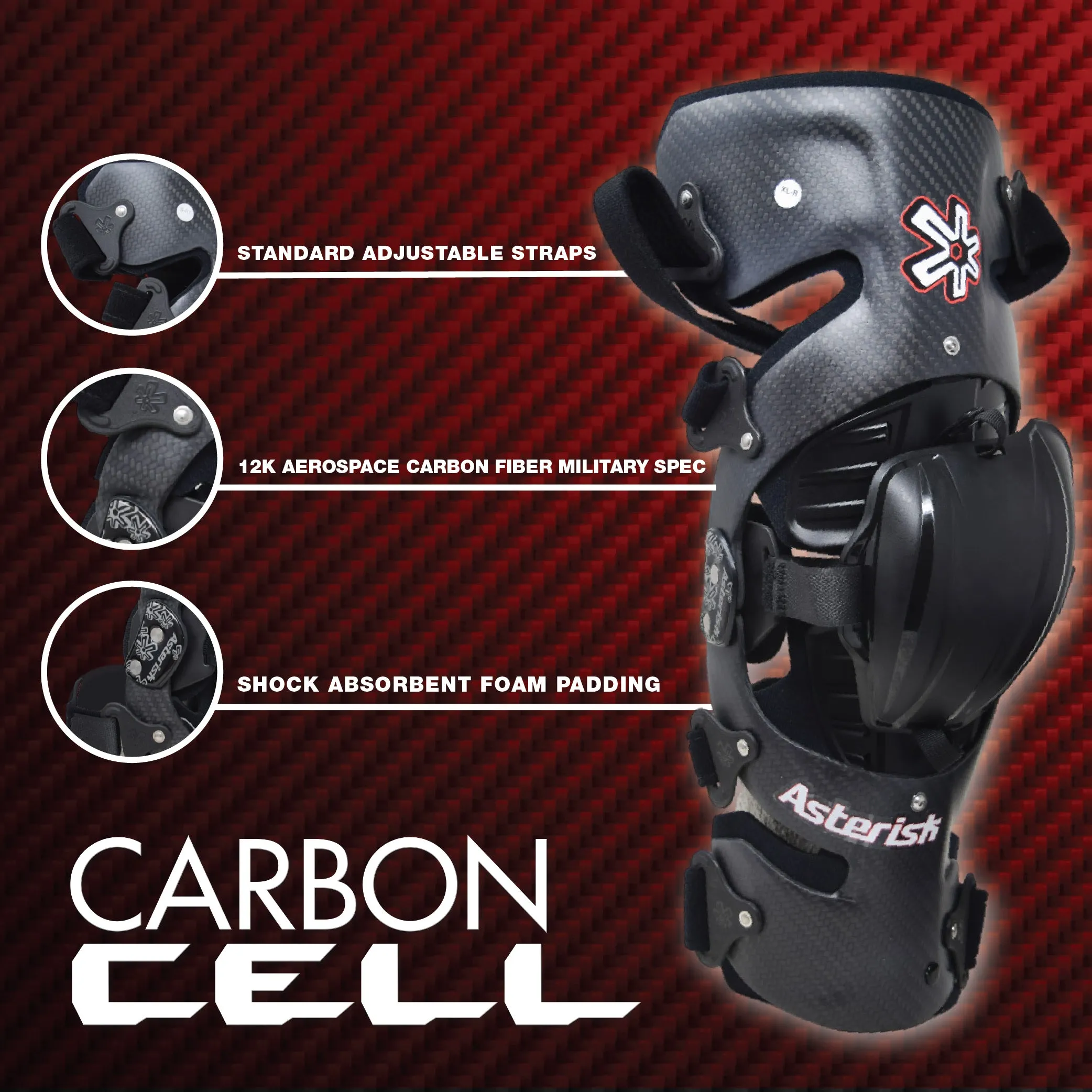Asterisk Carbon Cell Pro - Advanced Knee Protector Brace (Right Only) for Motocross, Snowboarding, Wakeboarding, Off-Roading, Football, & More - Size Large