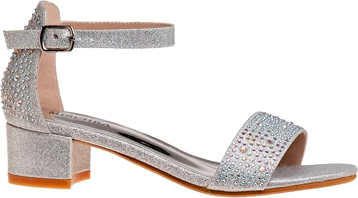 Badgley Mischka Girls Dress Shoes - Sandy Rhinestone Open Toe Dress Pump Sandals with Ankle Strap Heels for Kids (Rose Gold, Silver, Black) (Little Kid/Big Kid)