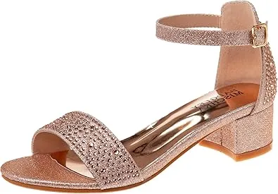 Badgley Mischka Girls Dress Shoes - Sandy Rhinestone Open Toe Dress Pump Sandals with Ankle Strap Heels for Kids (Rose Gold, Silver, Black) (Little Kid/Big Kid)