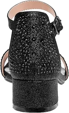 Badgley Mischka Girls Dress Shoes - Sandy Rhinestone Open Toe Dress Pump Sandals with Ankle Strap Heels for Kids (Rose Gold, Silver, Black) (Little Kid/Big Kid)