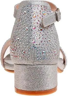 Badgley Mischka Girls Dress Shoes - Sandy Rhinestone Open Toe Dress Pump Sandals with Ankle Strap Heels for Kids (Rose Gold, Silver, Black) (Little Kid/Big Kid)