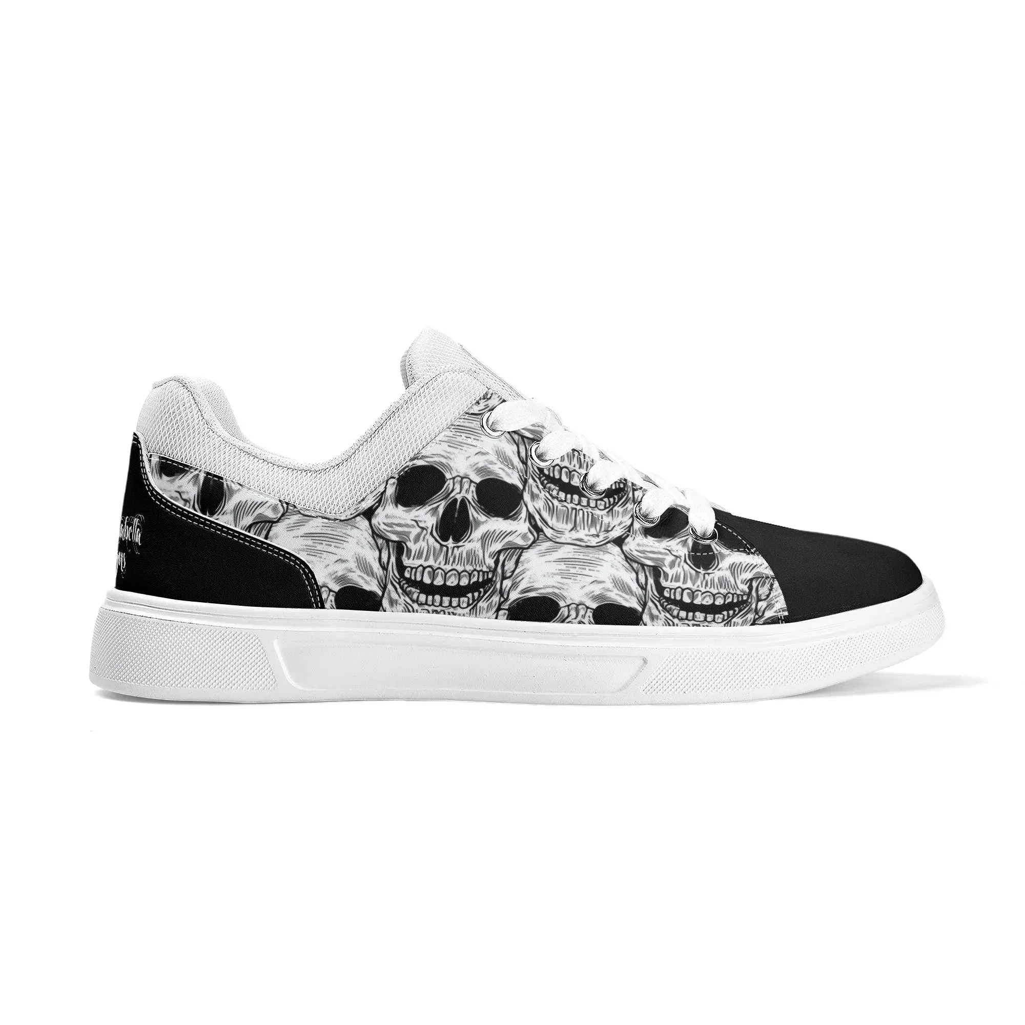 Black and White Skull Pattern Low Top Skateboard Shoes With Logo
