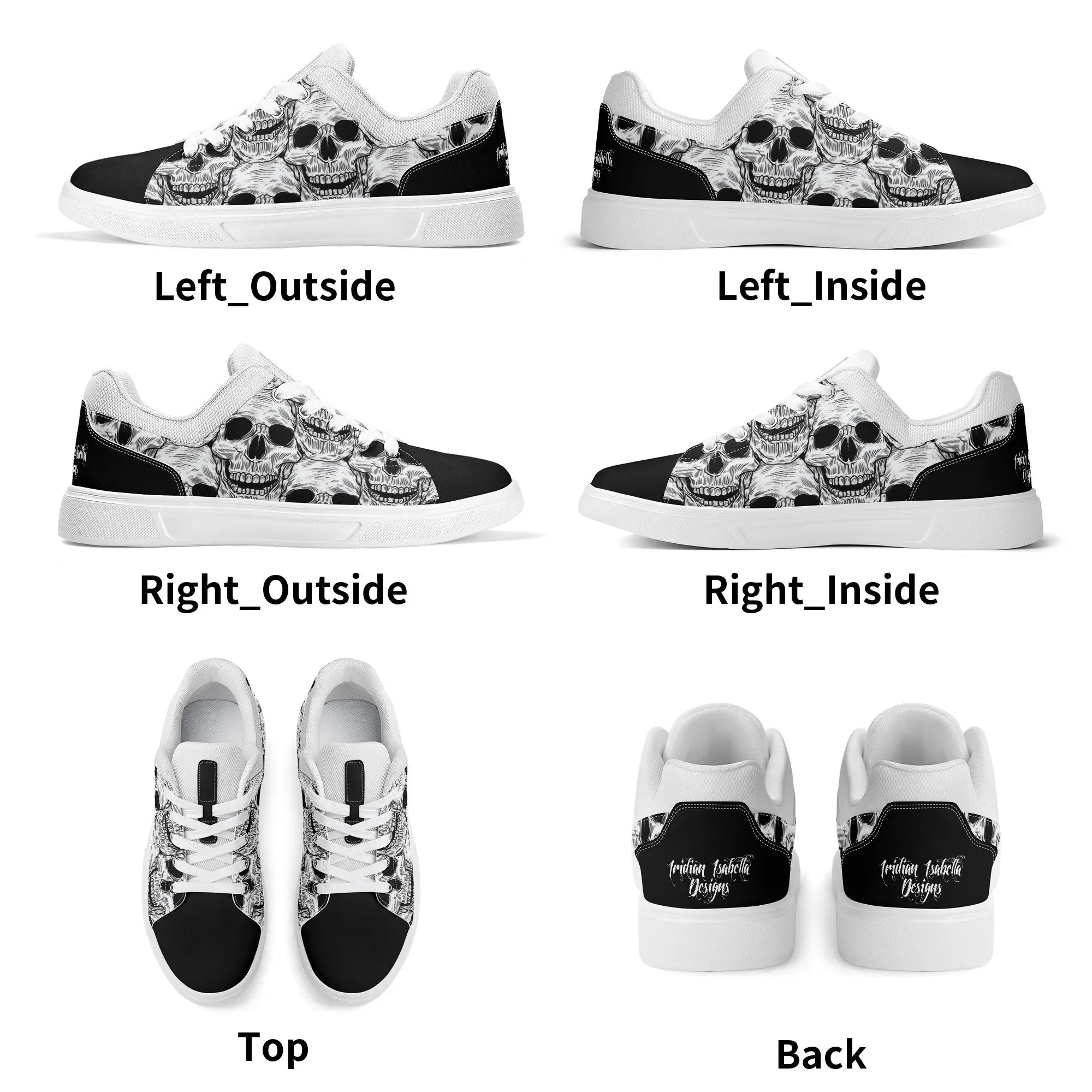 Black and White Skull Pattern Low Top Skateboard Shoes With Logo