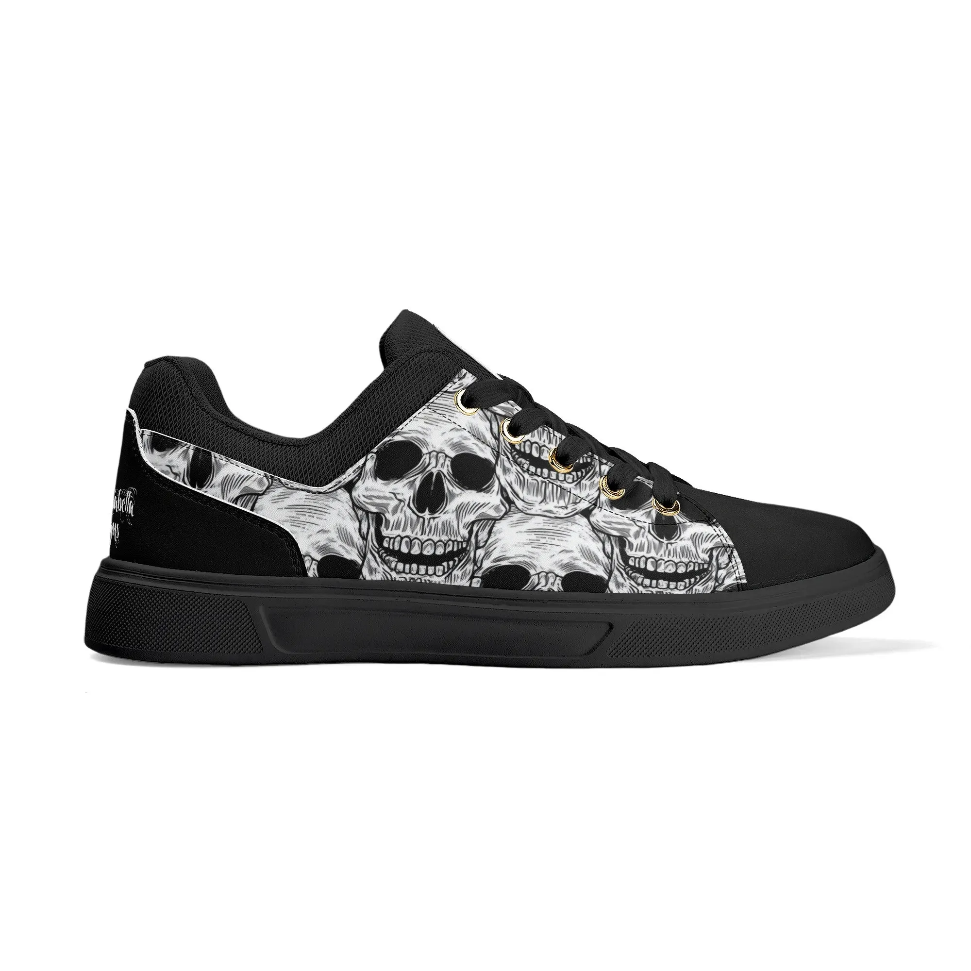 Black and White Skull Pattern Low Top Skateboard Shoes With Logo
