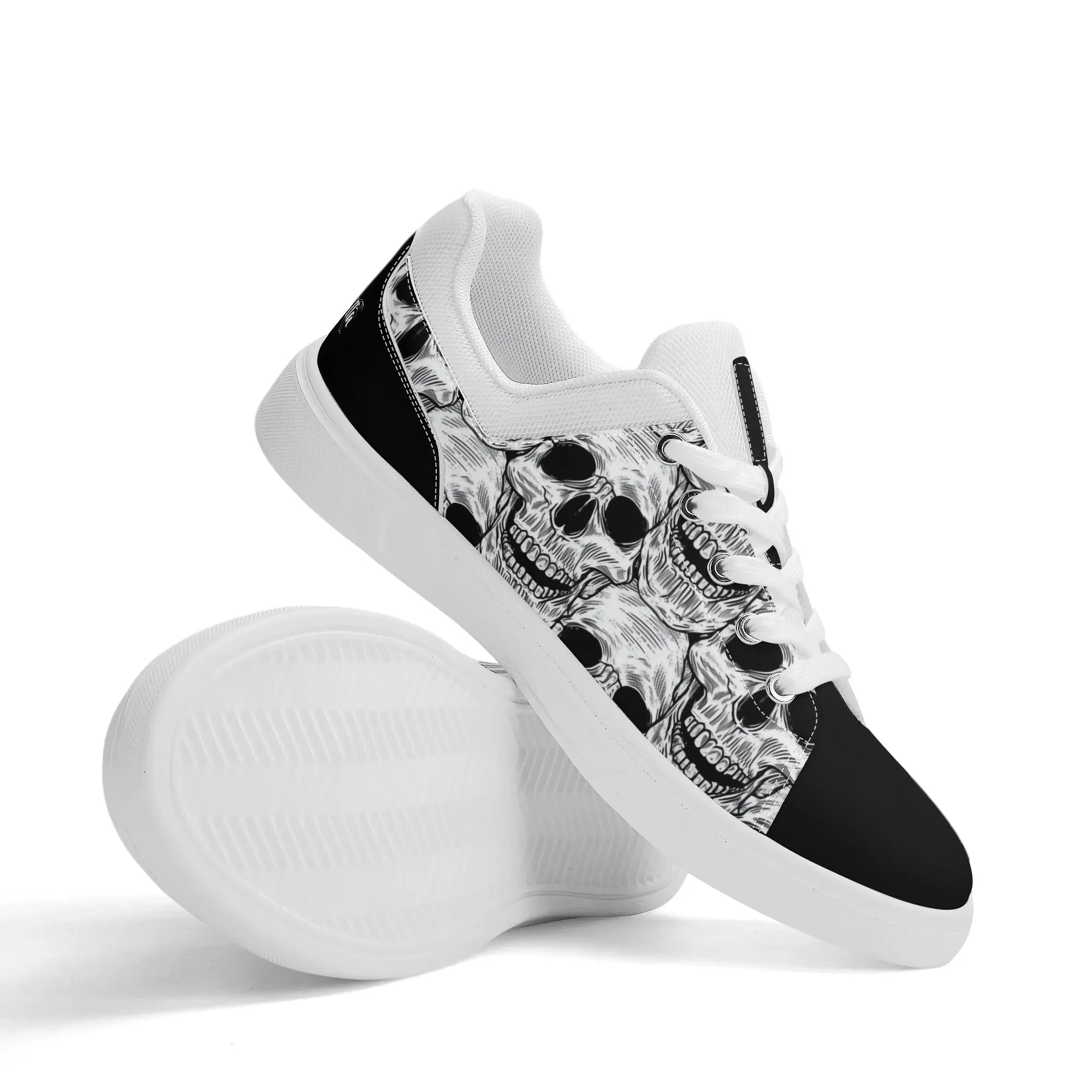Black and White Skull Pattern Low Top Skateboard Shoes With Logo
