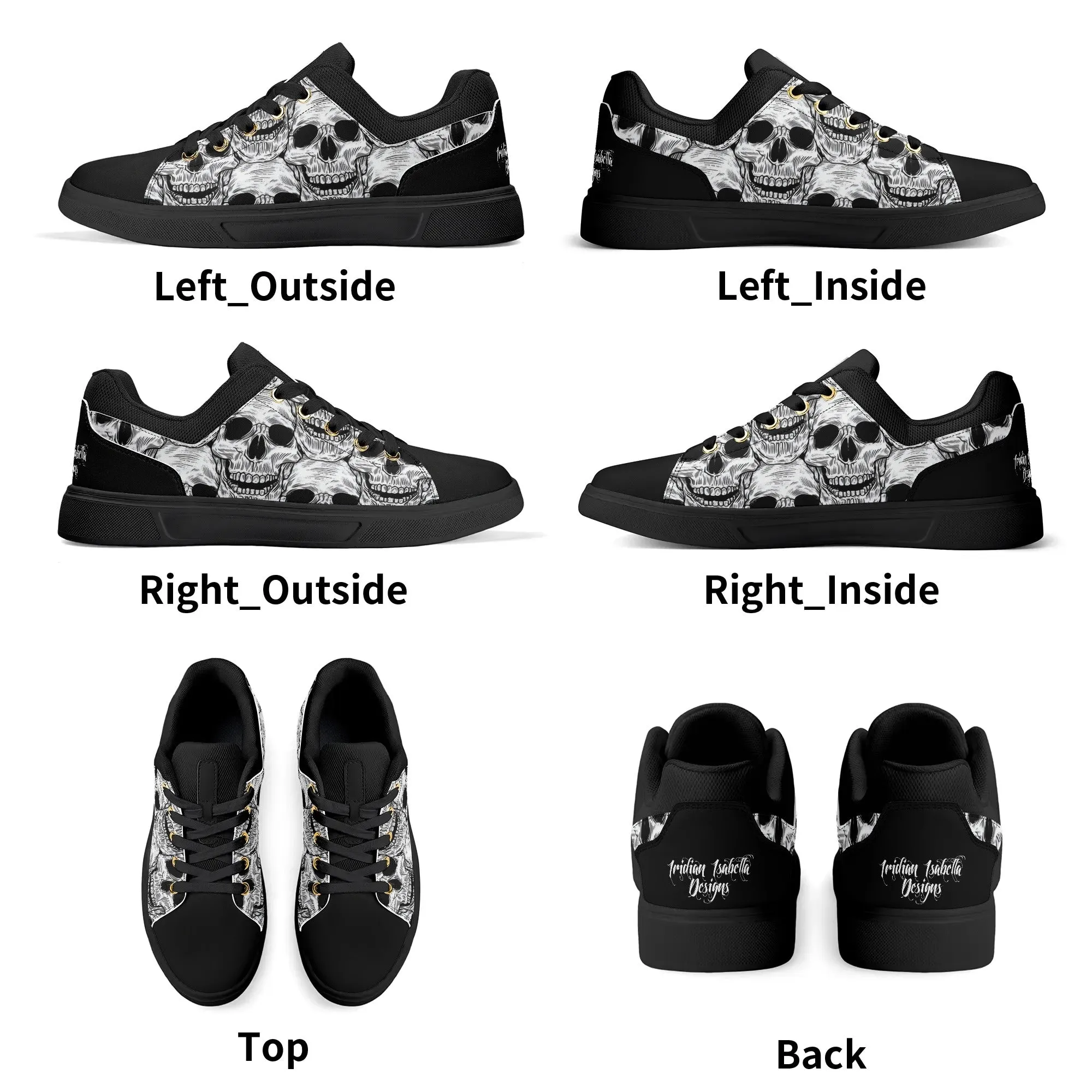 Black and White Skull Pattern Low Top Skateboard Shoes With Logo