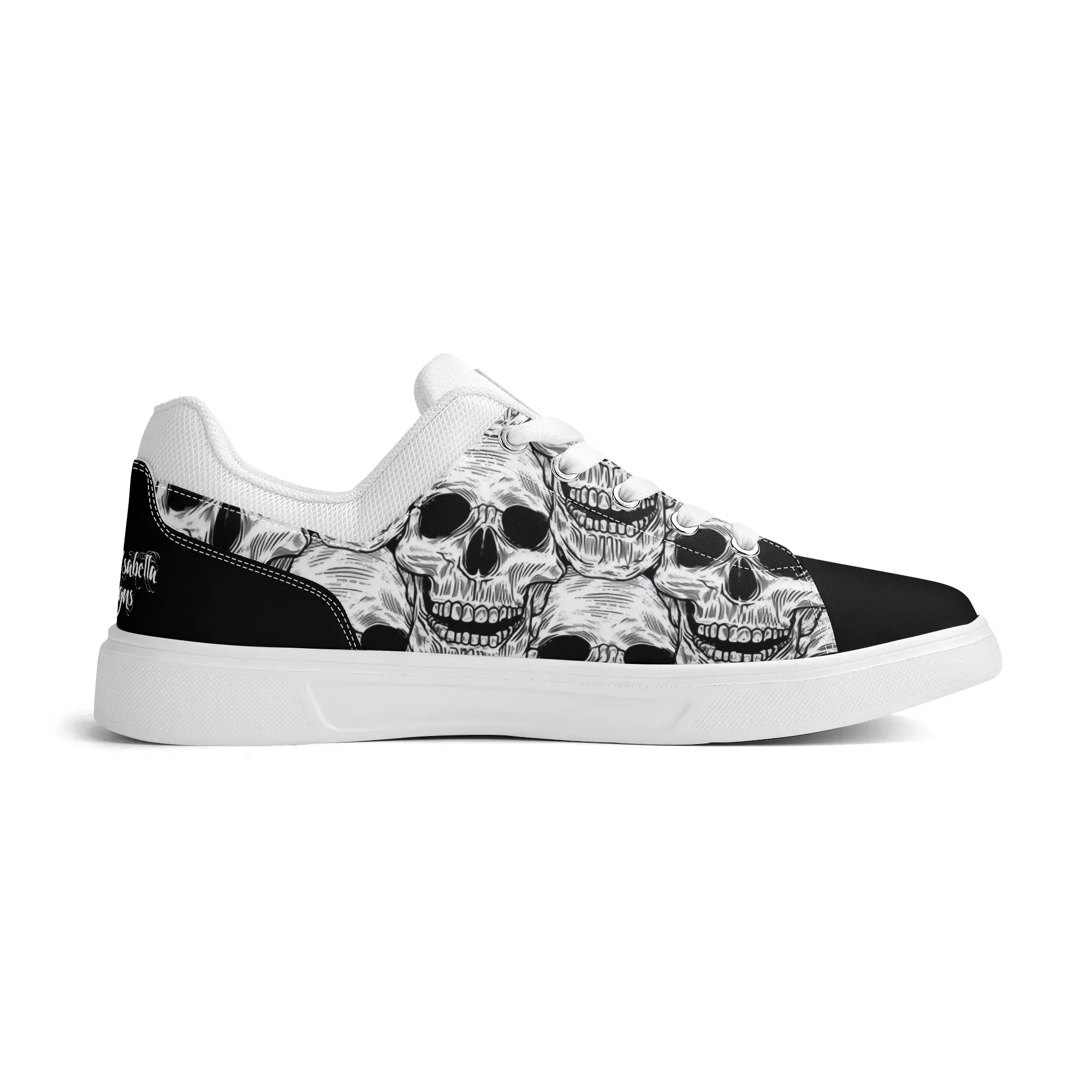 Black and White Skull Pattern Low Top Skateboard Shoes With Logo