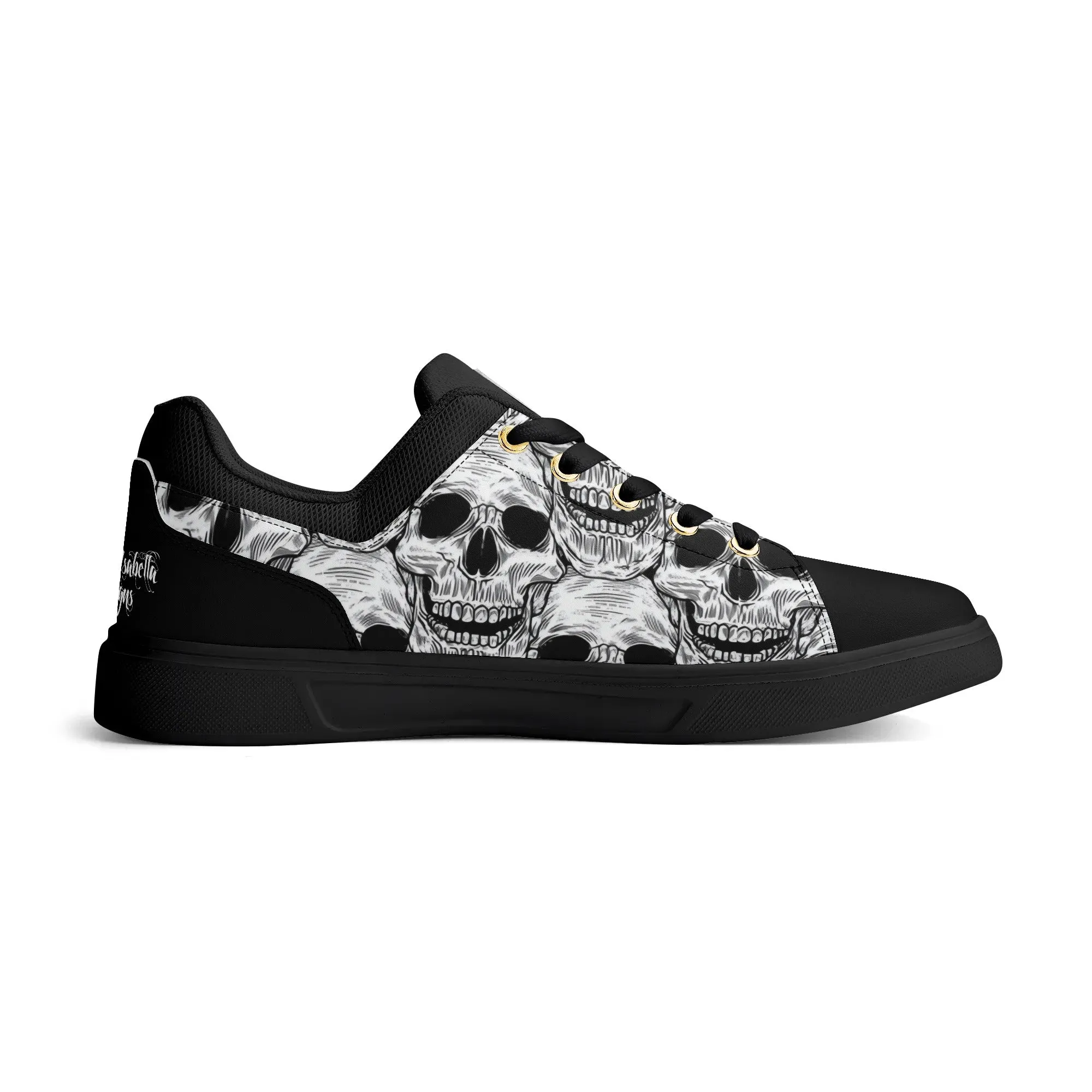 Black and White Skull Pattern Low Top Skateboard Shoes With Logo