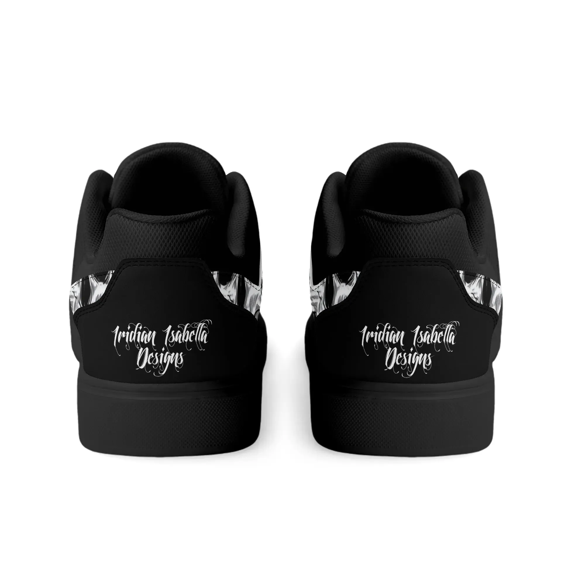 Black and White Skull Pattern Low Top Skateboard Shoes With Logo