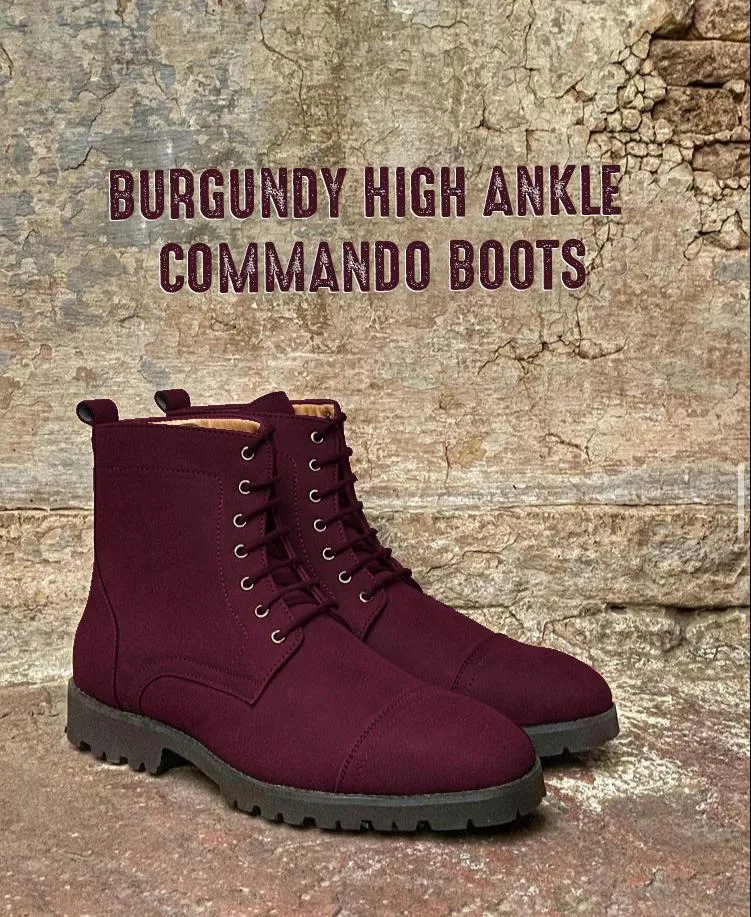 Burgundy Suede High Ankle Commando Boots