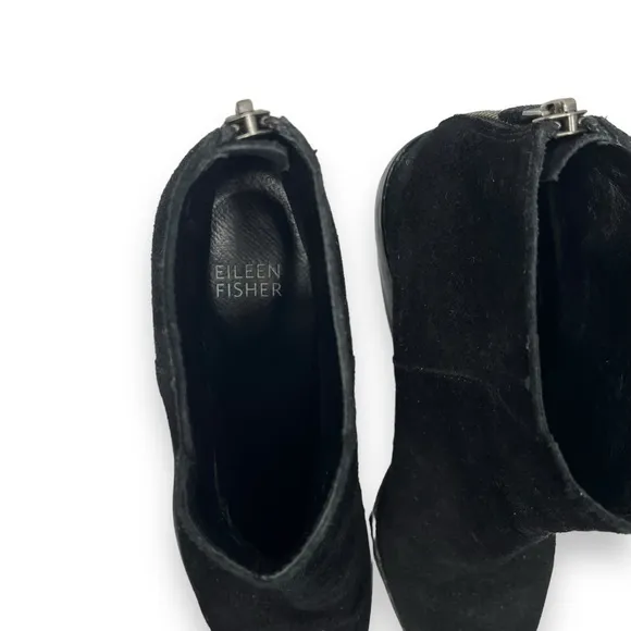 Eileen Fisher Vero Cuoio Black Suede Leather Zip Stacked Ankle Bootie Boot 6