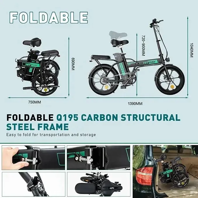 Electric Bike for Adults, E Bike with 36V/12Ah Removable Battery 16"×3.0 Fat Tire Folding Electric Bicycle 500W Motor