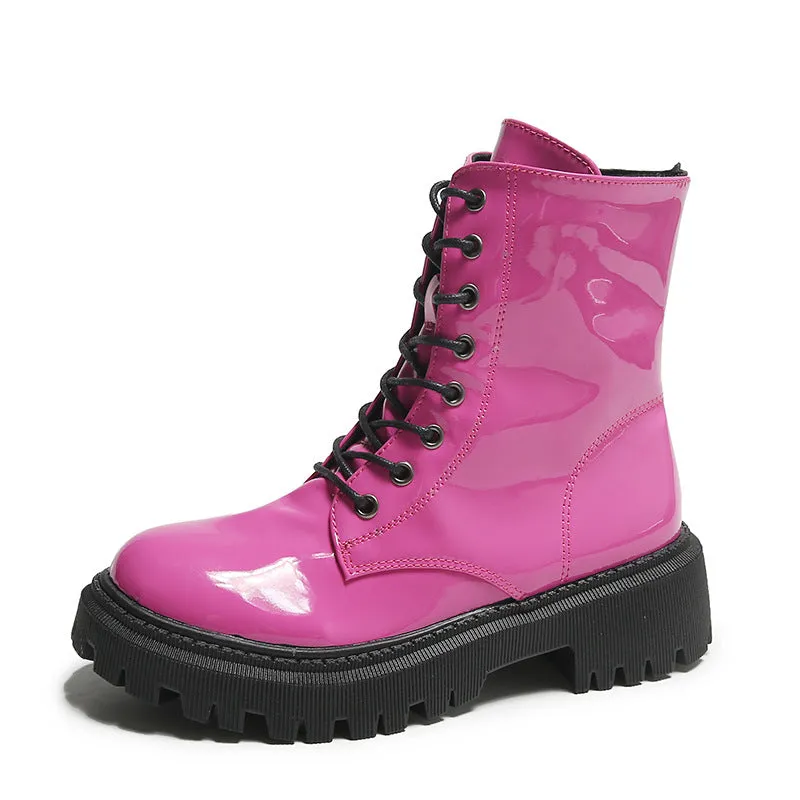 European And American Patent Leather Mid Heel Round Toe Short Motorcycle Boots