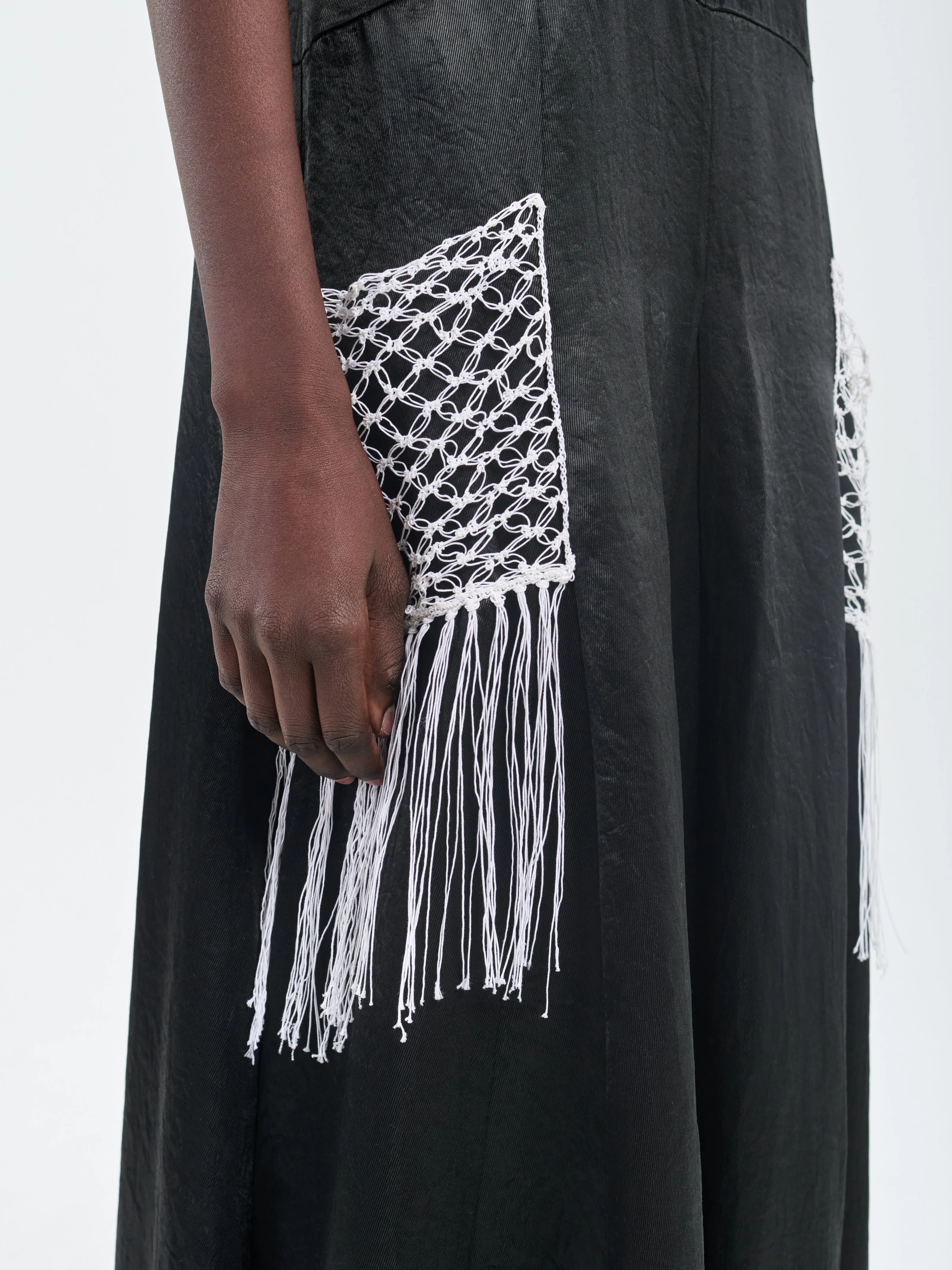 Godet Dress Macrame in Glossy Black