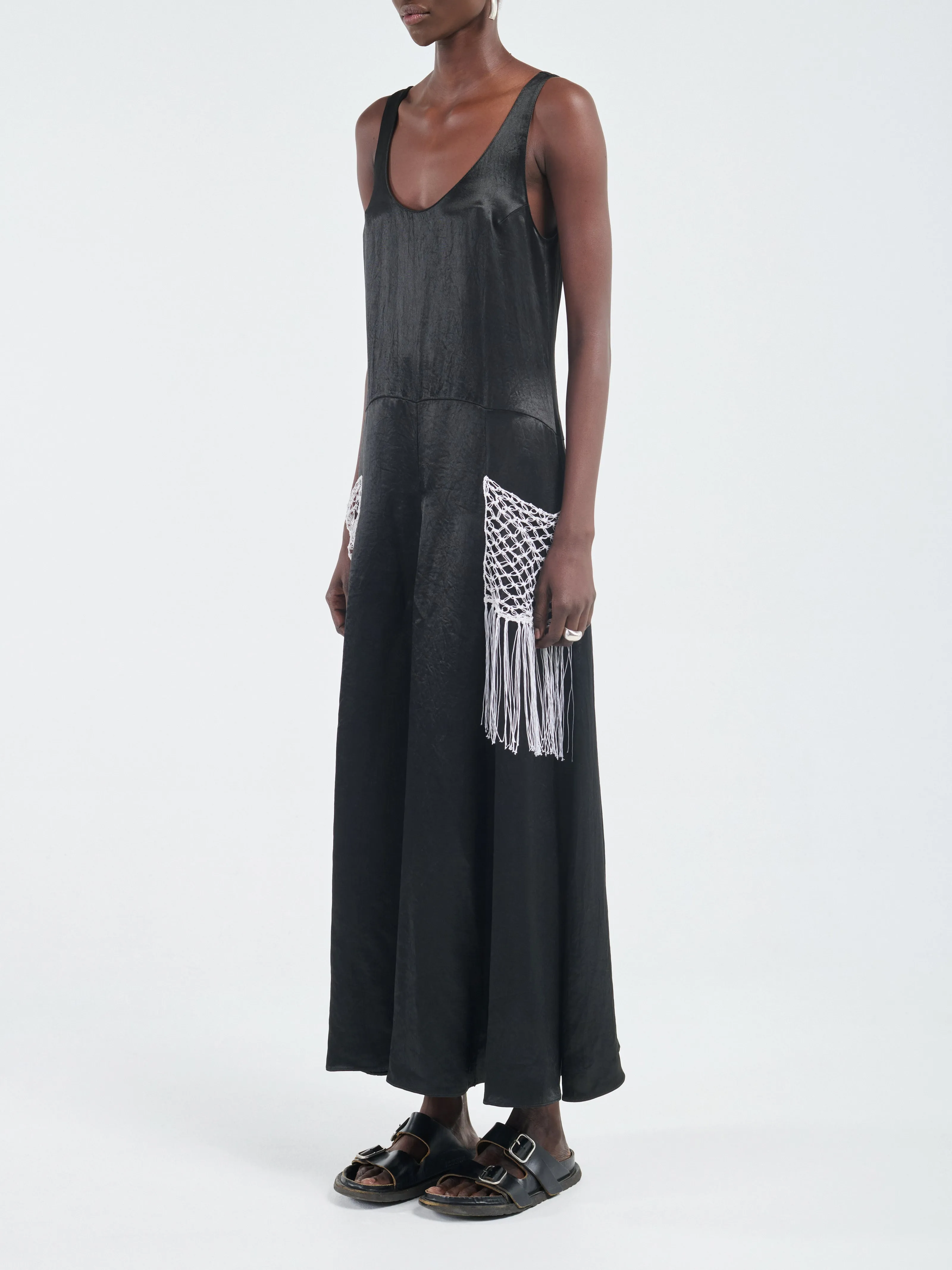 Godet Dress Macrame in Glossy Black
