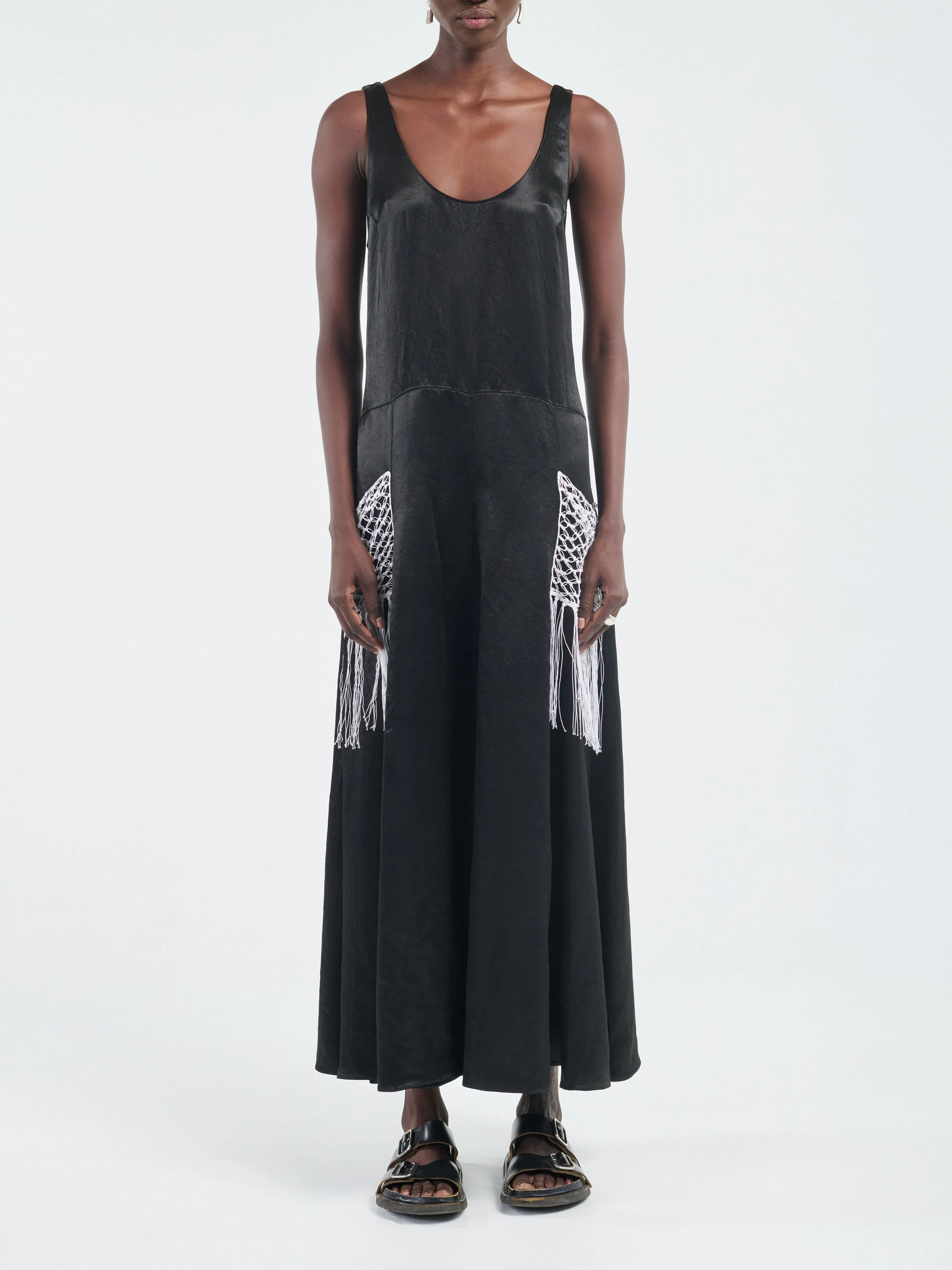 Godet Dress Macrame in Glossy Black