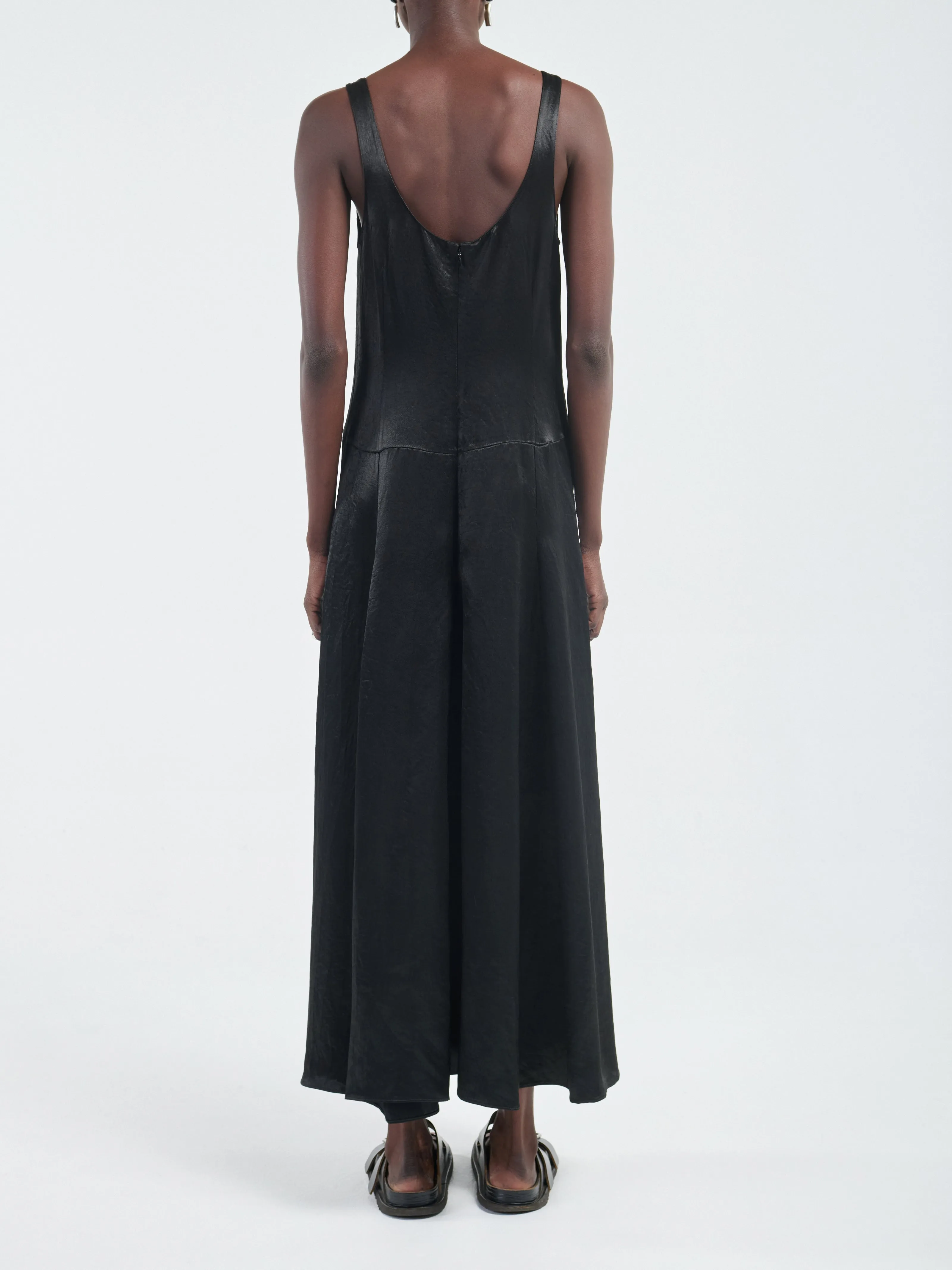 Godet Dress Macrame in Glossy Black