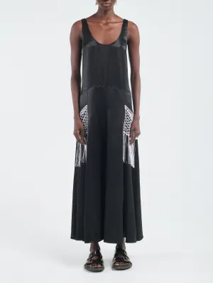 Godet Dress Macrame in Glossy Black