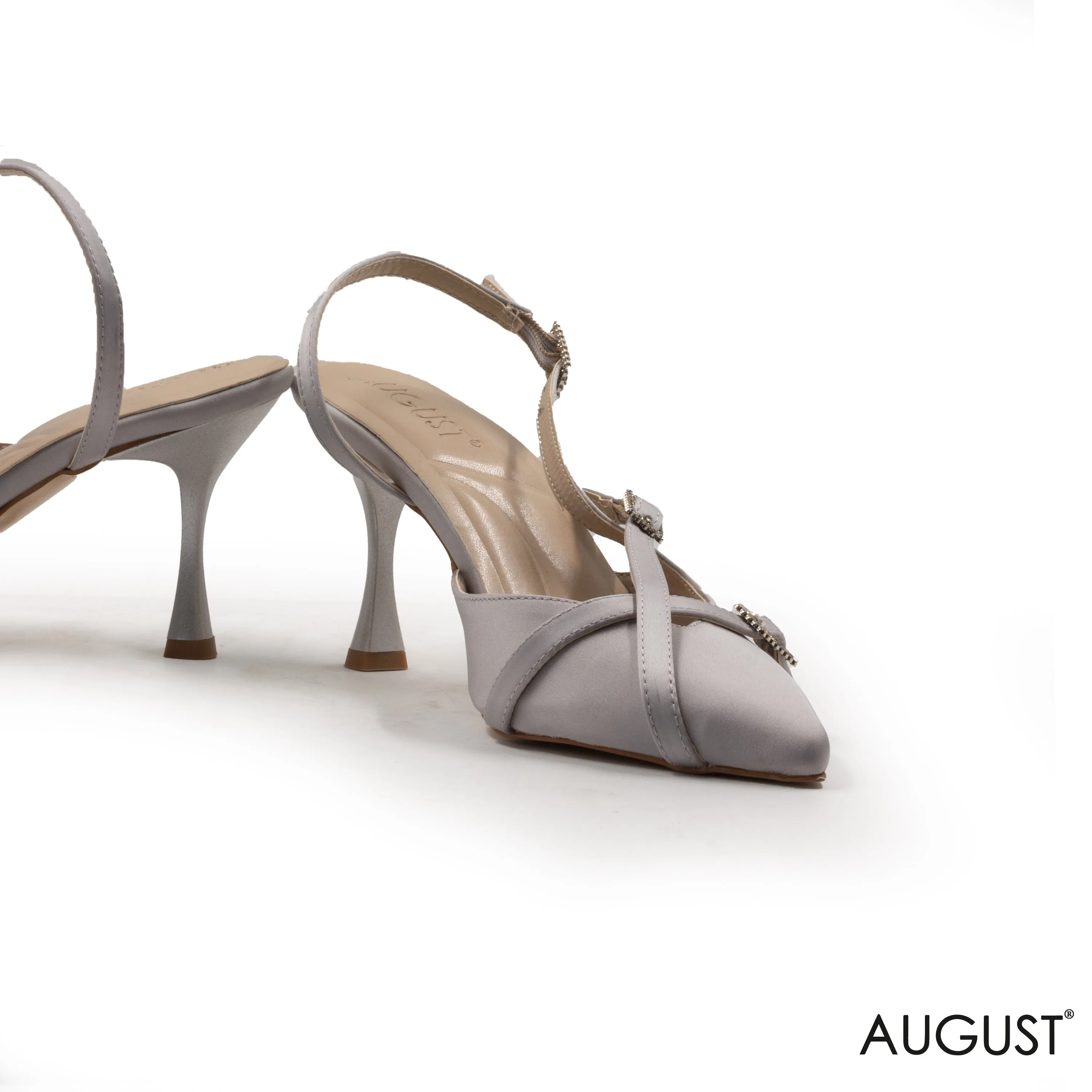 GREY SATIN MID-HEEL SHOES WITH BUCKLE DETAIL