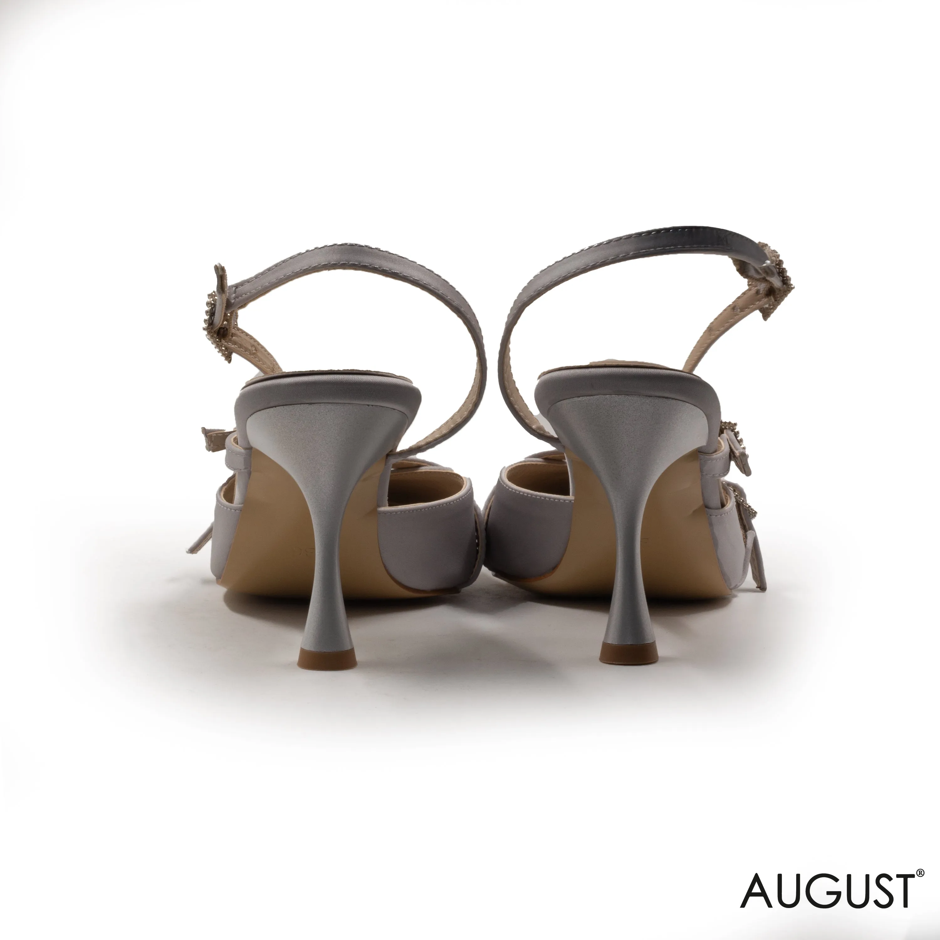 GREY SATIN MID-HEEL SHOES WITH BUCKLE DETAIL
