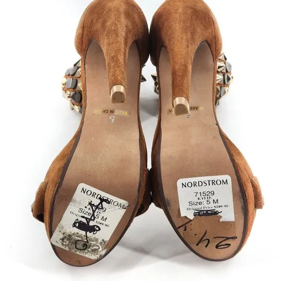 JEFFREY CAMPBELL NWD Kylie Ankle Strap Suede Platform Studded Heels Zip Tan