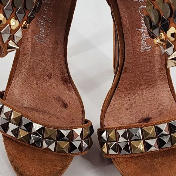 JEFFREY CAMPBELL NWD Kylie Ankle Strap Suede Platform Studded Heels Zip Tan