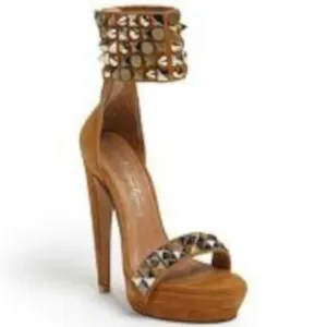 JEFFREY CAMPBELL NWD Kylie Ankle Strap Suede Platform Studded Heels Zip Tan