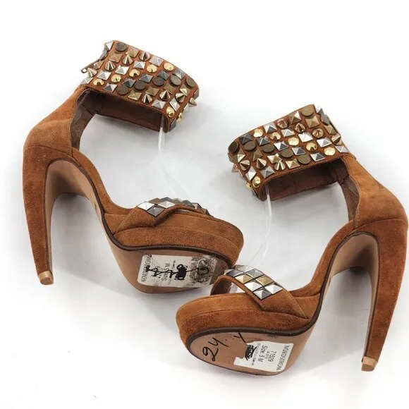 JEFFREY CAMPBELL NWD Kylie Ankle Strap Suede Platform Studded Heels Zip Tan