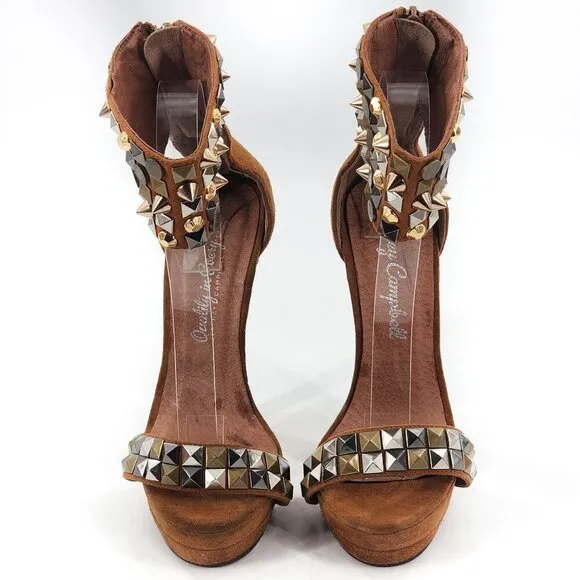 JEFFREY CAMPBELL NWD Kylie Ankle Strap Suede Platform Studded Heels Zip Tan