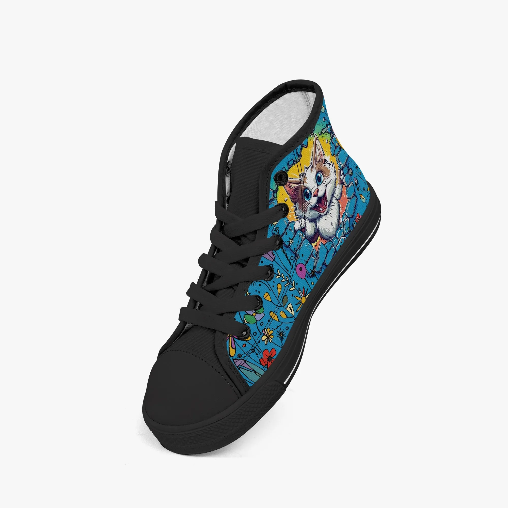 Kid’s High-Top Canvas Shoes-Black Adorable 3D Kitten Canvas Shoes for Girls – High -Tops – Cute Cat Peeking Through Brick Wall