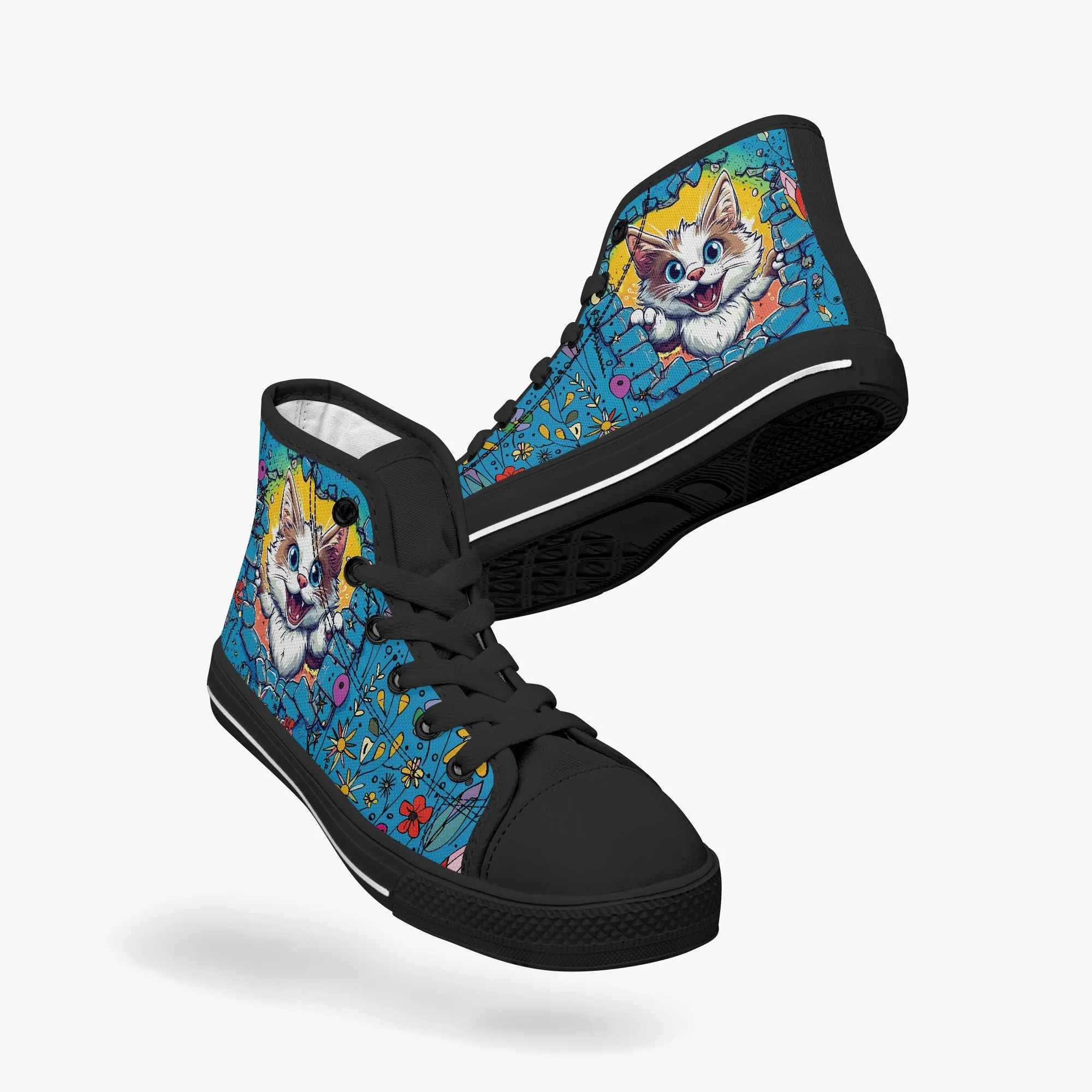 Kid’s High-Top Canvas Shoes-Black Adorable 3D Kitten Canvas Shoes for Girls – High -Tops – Cute Cat Peeking Through Brick Wall