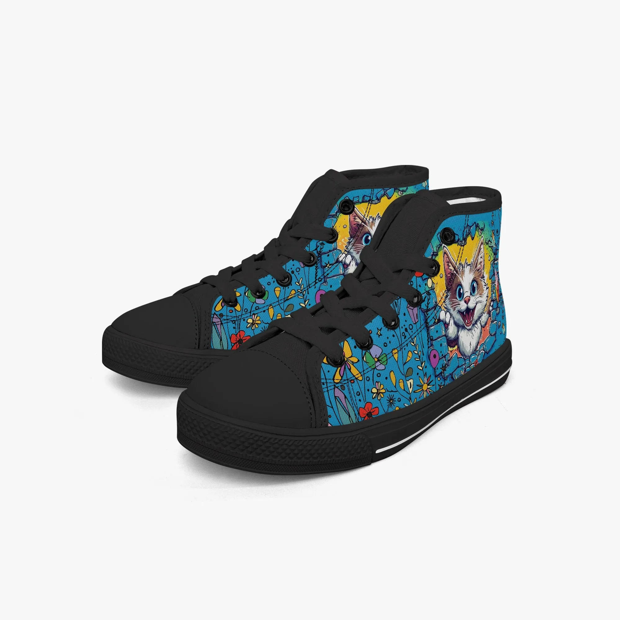 Kid’s High-Top Canvas Shoes-Black Adorable 3D Kitten Canvas Shoes for Girls – High -Tops – Cute Cat Peeking Through Brick Wall
