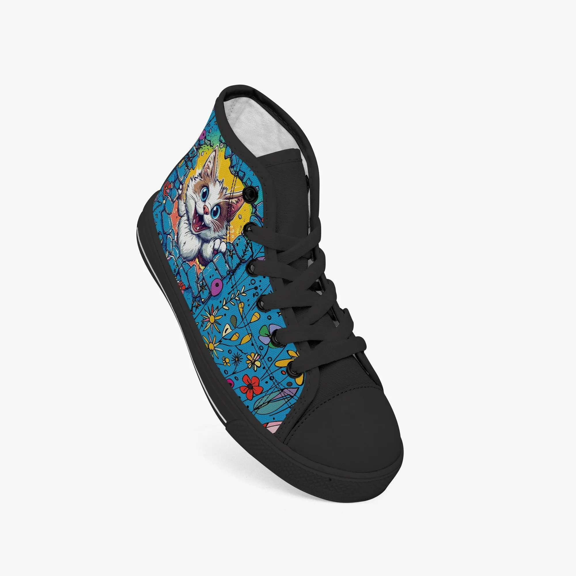 Kid’s High-Top Canvas Shoes-Black Adorable 3D Kitten Canvas Shoes for Girls – High -Tops – Cute Cat Peeking Through Brick Wall
