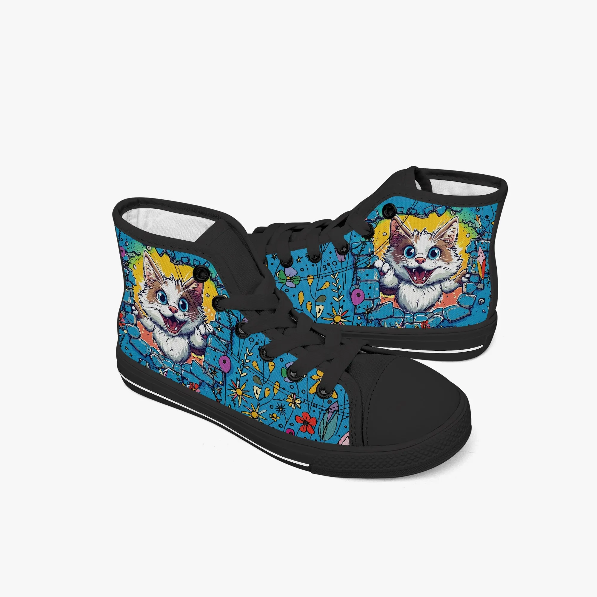 Kid’s High-Top Canvas Shoes-Black Adorable 3D Kitten Canvas Shoes for Girls – High -Tops – Cute Cat Peeking Through Brick Wall