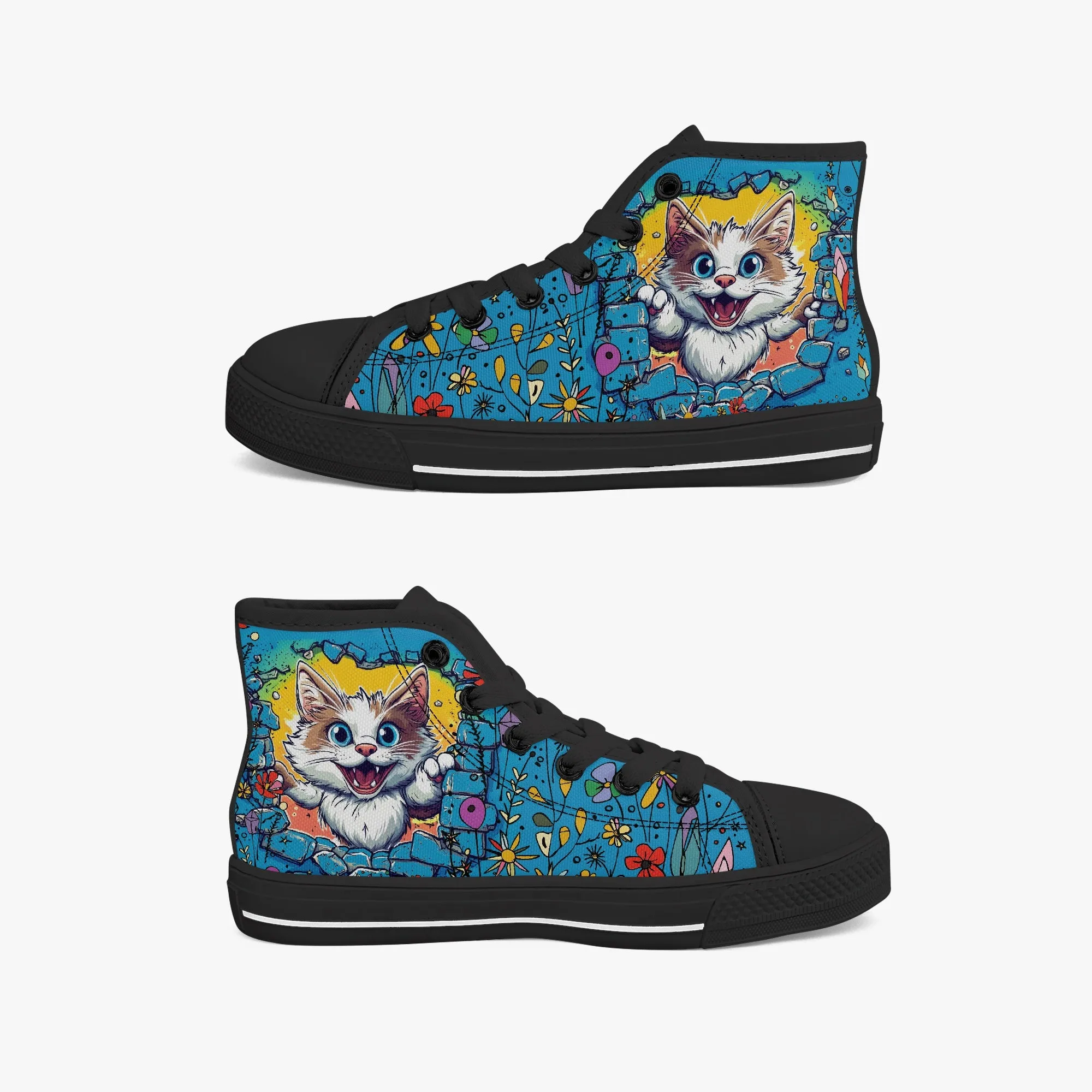 Kid’s High-Top Canvas Shoes-Black Adorable 3D Kitten Canvas Shoes for Girls – High -Tops – Cute Cat Peeking Through Brick Wall
