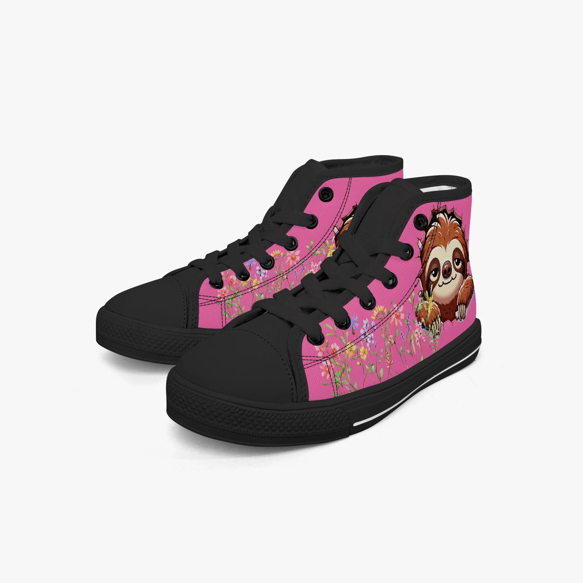 Kid’s High-Top Canvas Shoes-Black Girls' Low-Top  cartoon Sloth Canvas Shoes