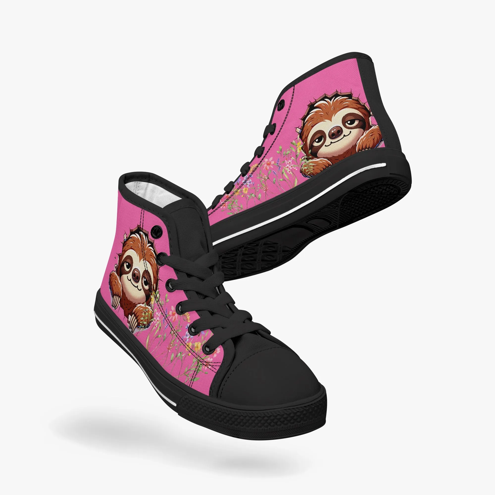 Kid’s High-Top Canvas Shoes-Black Girls' Low-Top  cartoon Sloth Canvas Shoes