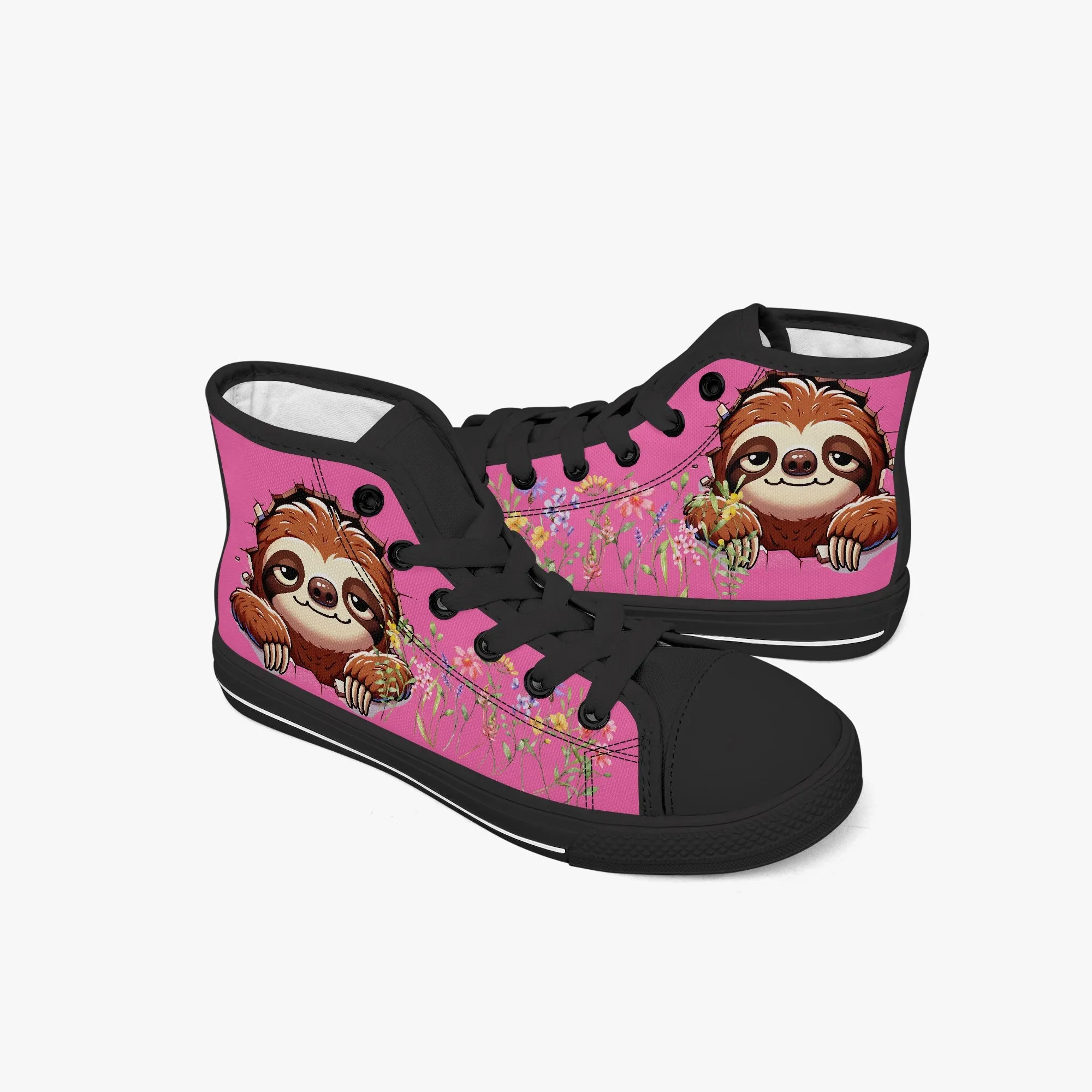 Kid’s High-Top Canvas Shoes-Black Girls' Low-Top  cartoon Sloth Canvas Shoes