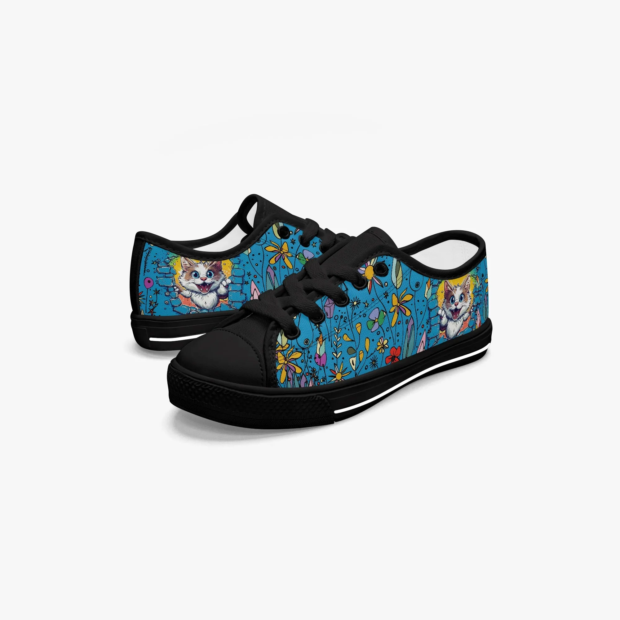 Kid’s Low-Top Canvas Shoes-Black Adorable 3D Kitten Canvas Shoes for Girls Low -Tops – Cute Cat Peeking Through Brick Wall