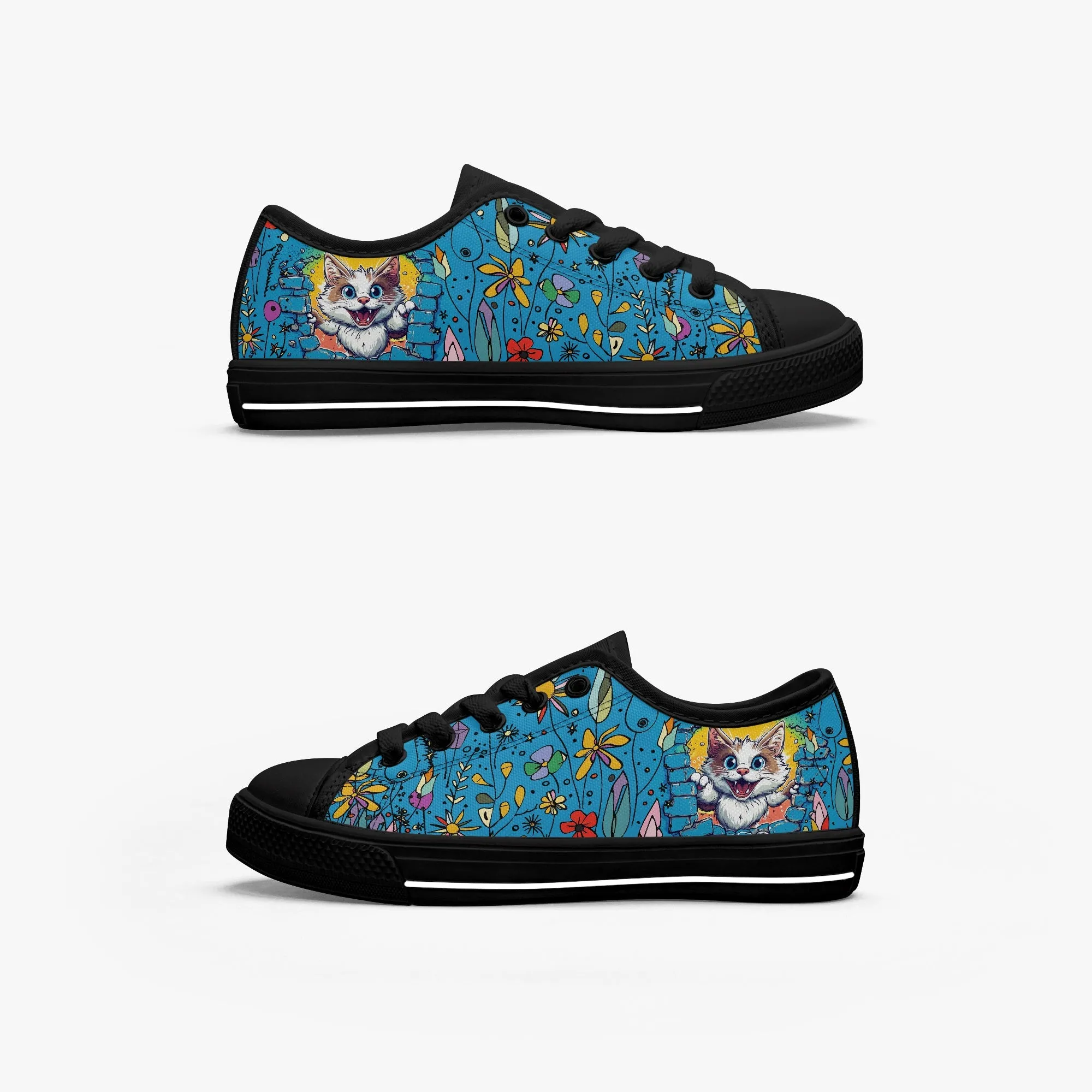 Kid’s Low-Top Canvas Shoes-Black Adorable 3D Kitten Canvas Shoes for Girls Low -Tops – Cute Cat Peeking Through Brick Wall