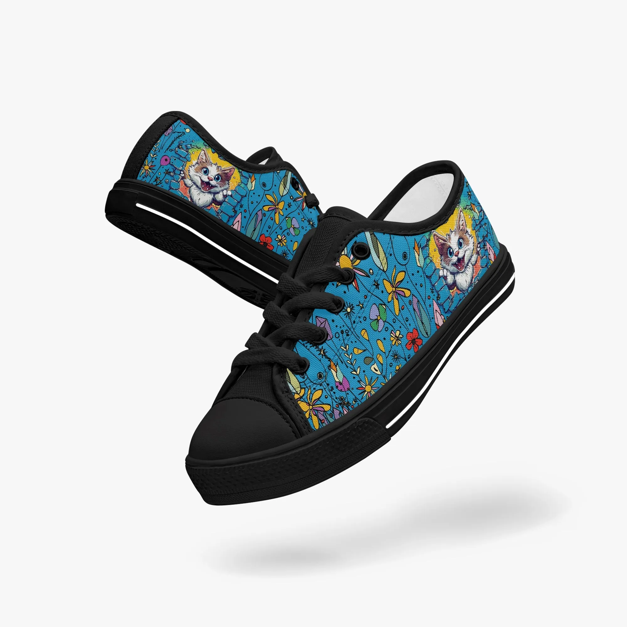 Kid’s Low-Top Canvas Shoes-Black Adorable 3D Kitten Canvas Shoes for Girls Low -Tops – Cute Cat Peeking Through Brick Wall