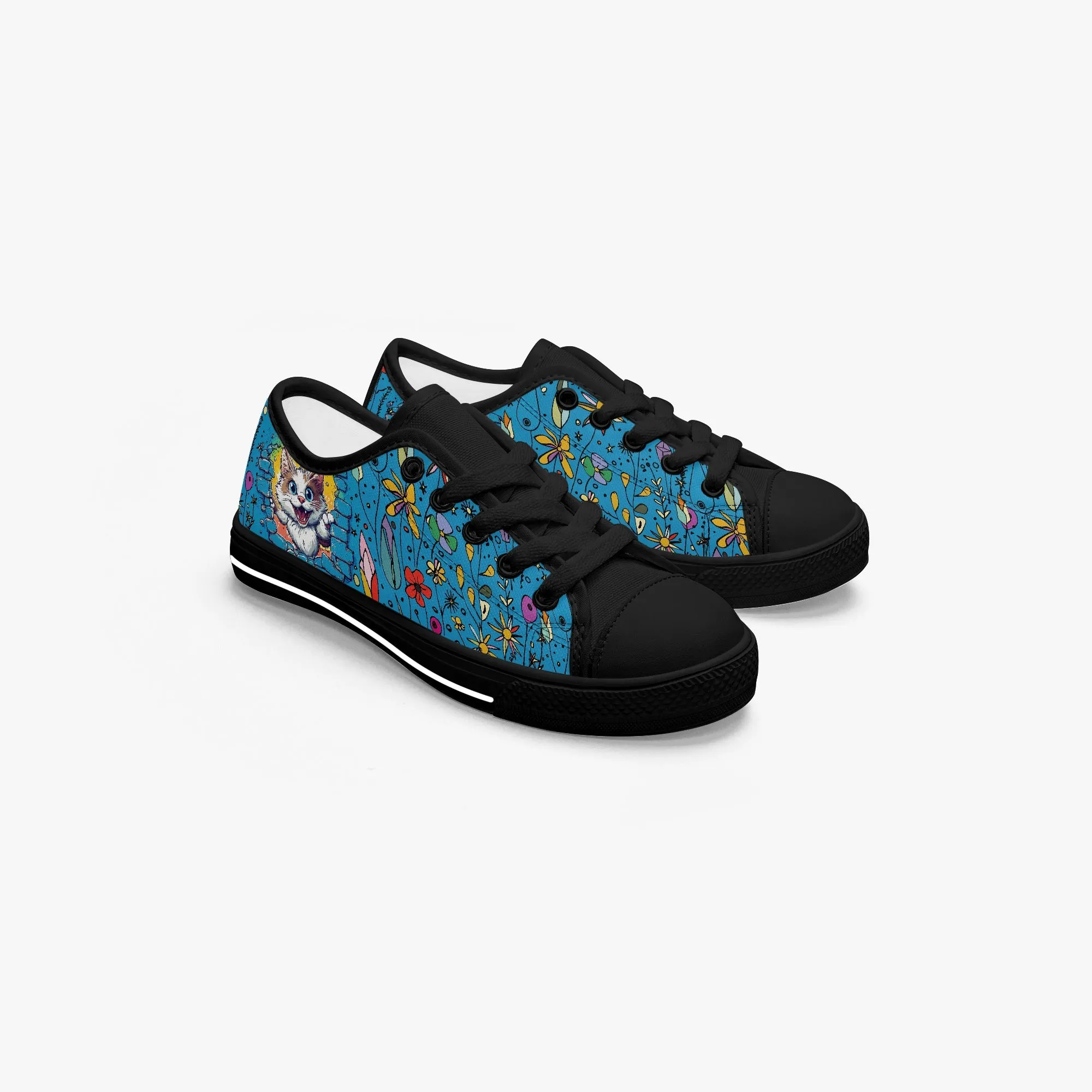 Kid’s Low-Top Canvas Shoes-Black Adorable 3D Kitten Canvas Shoes for Girls Low -Tops – Cute Cat Peeking Through Brick Wall