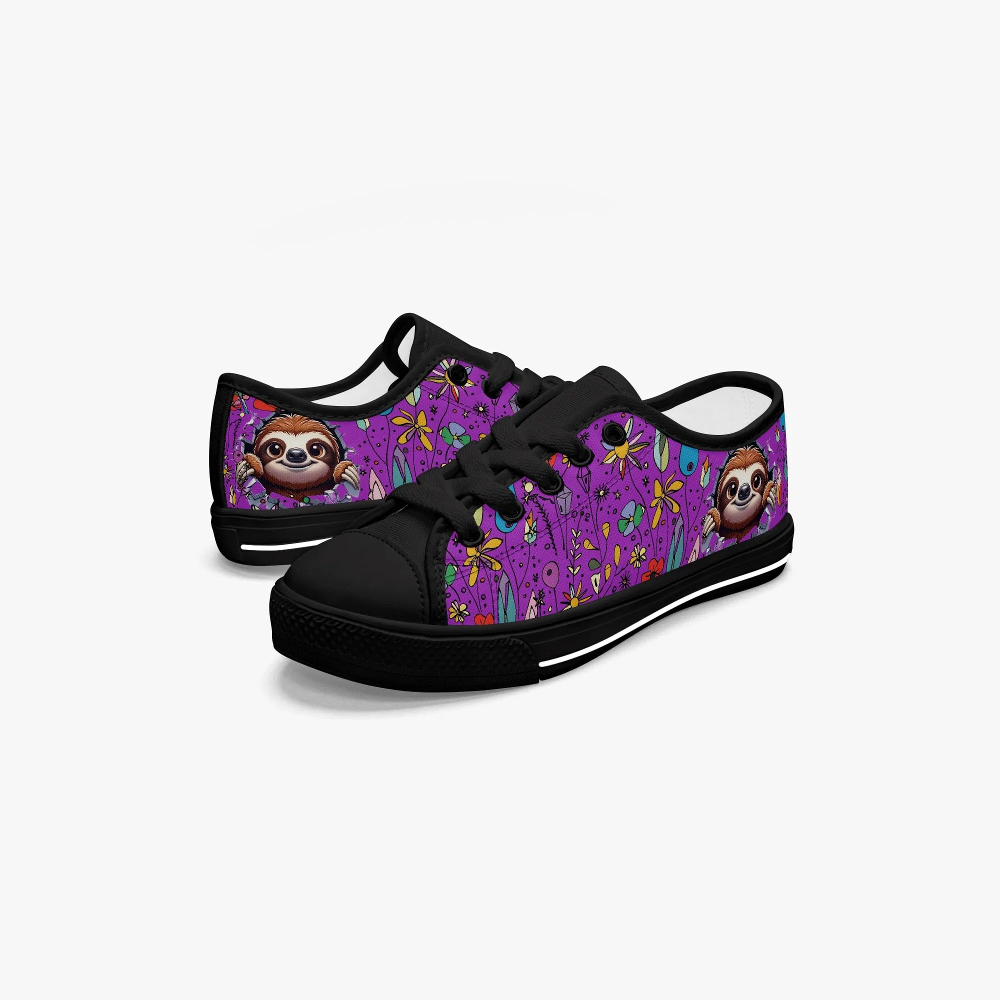 Kid’s Low-Top Canvas Shoes-Black Girls' Low-Top cartoon Sloth Canvas Shoes