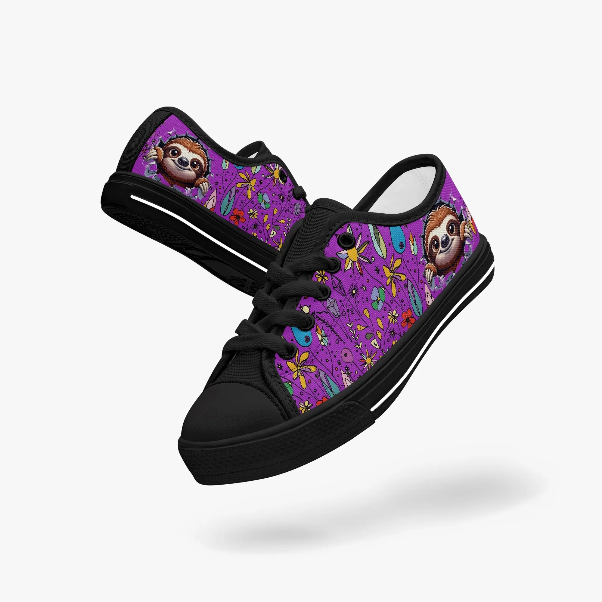 Kid’s Low-Top Canvas Shoes-Black Girls' Low-Top cartoon Sloth Canvas Shoes