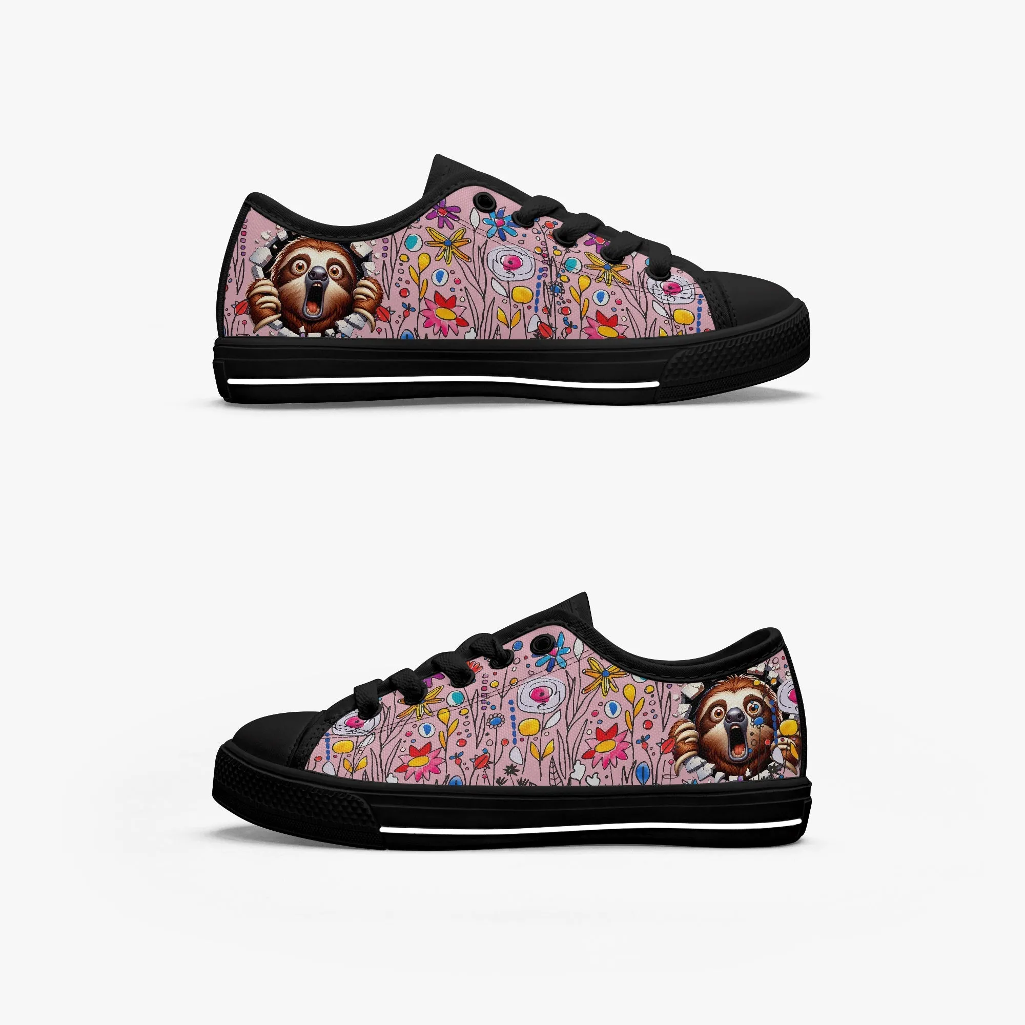 Kid’s Low-Top Canvas Shoes-Black Girls' Low-Top cartoon Sloth Canvas Shoes